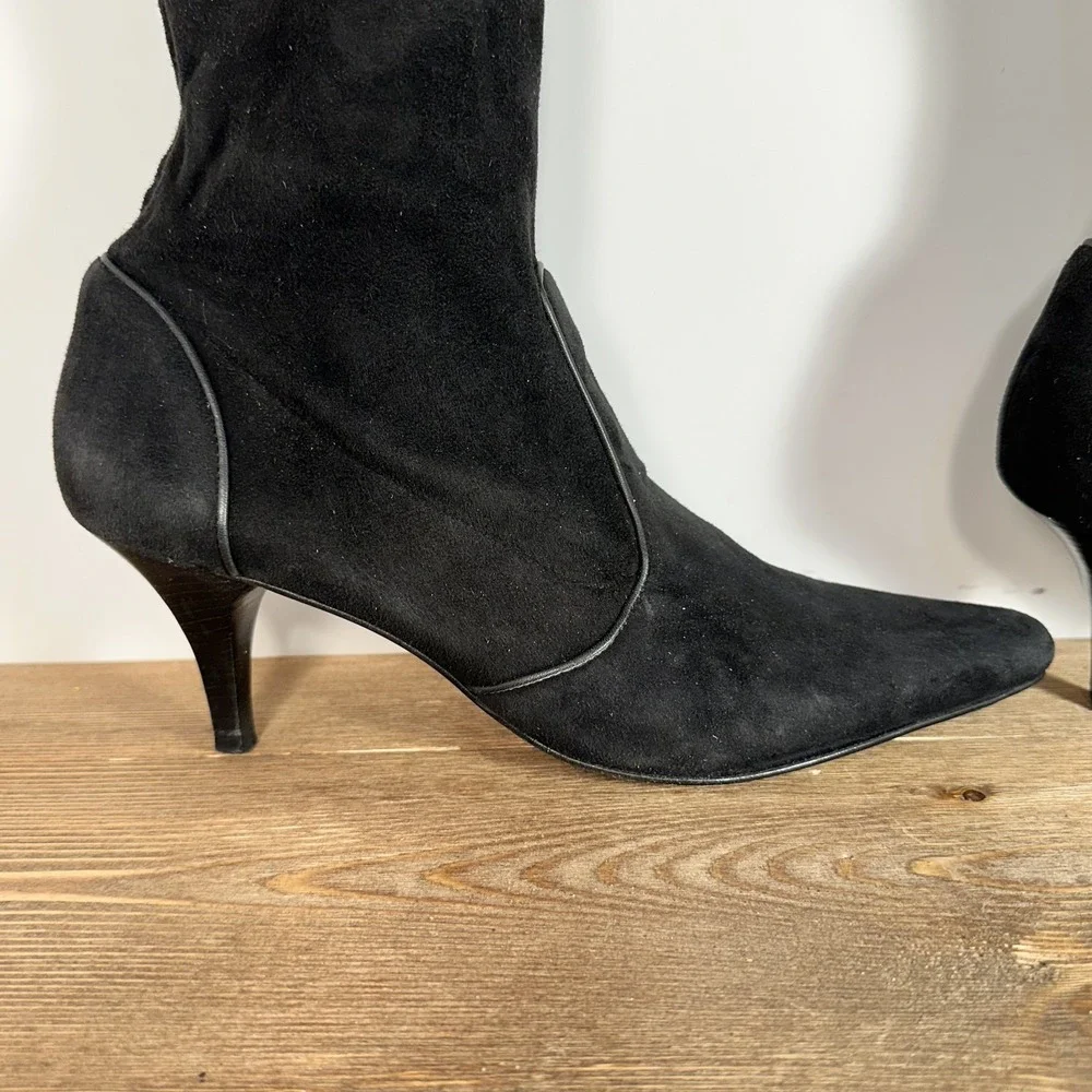 VTG Cole Haan Black Suede Knee High Sock Boots SZ 9B Kitten Heel Square Toe Chic